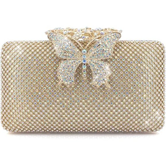 NEW Sparkling Bling Crystal Rhinestone Clutch Butterfly Purse: Silver Go… - Picture 2 of 13